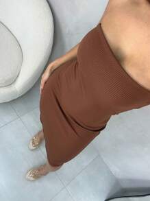 Women's Short Strapless Dress In Irregular Fabric Without Pads - 鏽棕色 - 查看 2
