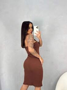 Women's Short Strapless Dress In Irregular Fabric Without Pads - 鏽棕色 - 查看 3