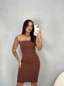 Women's Short Strapless Dress In Irregular Fabric Without Pads - 鏽棕色 - 查看 5