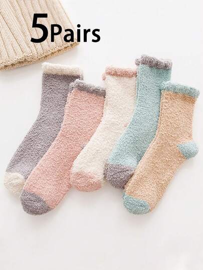 Multiple Pairs Women's Color Block Coral Fleece Warm Socks, Versatile Soft Comfortable Moisture-Wicking Crew Socks
