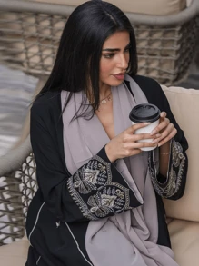 Fashionable Embroidered Patchwork Abaya Robe, Cardigan Style Loose Kimono Gown, Ins Style, Spring/Summer - Black - View 4