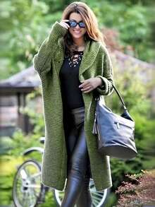 Solid Hooded Button Front Cardigan, Casual Long Sleeve Cardigan For Fall & Winter, Women's Clothing - Green - View 2