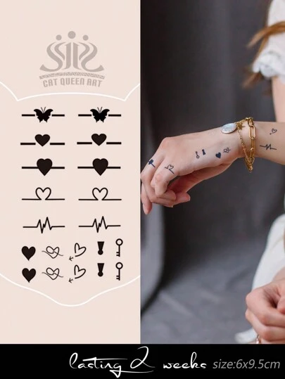 极简迷你蝴蝶心电图爱情线小清新草本汁半永久手指纹身贴纸，防水逼真临时纹身，派对/音乐节礼物，持久7-14天，不褪色，不反光，适用于锁骨、手指、手腕、肩膀、脖子、腿部