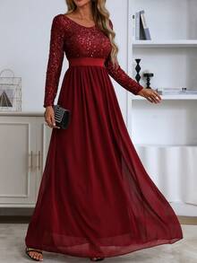 Elegant Women's Long Beaded Evening Party Dress Formal Gown, Long Sleeve Semi Formal Prom Dress, For Birthday, Wedding Guest, Graduation Homecoming