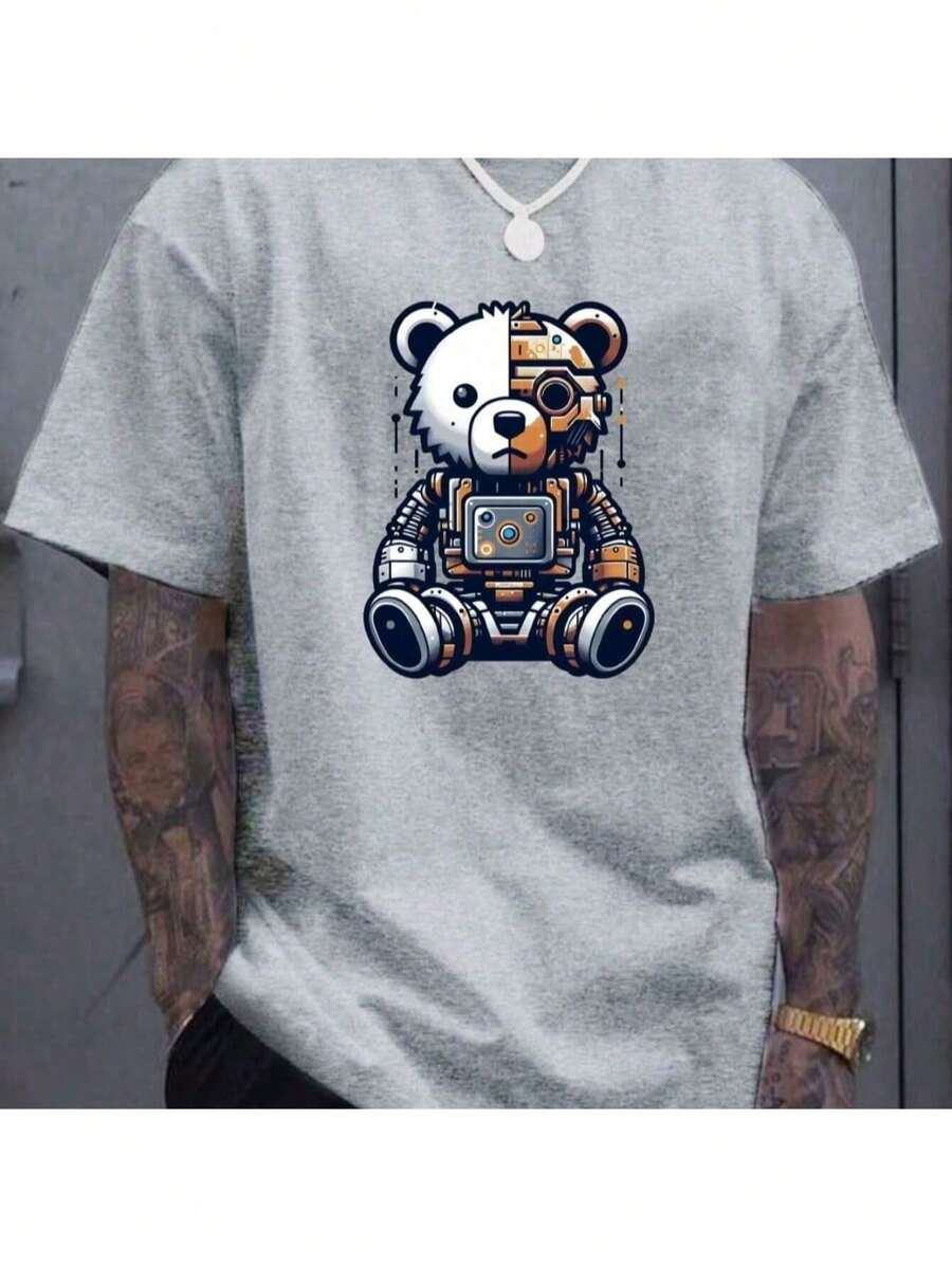 Men's Printed T-Shirt Robot Half Panda Shirt 100% Cotton Premium Mesh - Xám - Xem 1