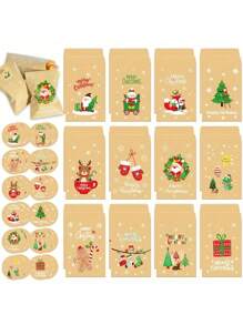 12 piezas Pegatinas,Bolsas de regalo de Navidad de kraft con pegatinas surtidas, diseño de Santa Claus y muñeco de nieve, embalaje para dulces y galletas festivos, sobres de papel festivos para obsequios y regalos de fiesta, decoraciones navideñas surtidas