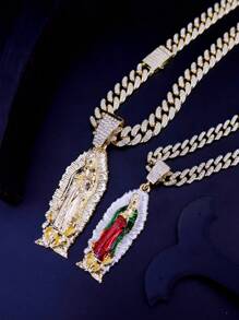 1 pezzo Collana con ciondolo della Vergine Maria Madre in stile punk rock hip hop placcato in oro 14 carati, con catena grossa, per uomo e donna - Vergine Maria - Visualizzare 2