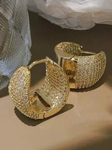 Women's Hoop Drop Earrings Studded Inside And Outside With Zirconia Stone, 18k Gold Plated And 925 Silver - Gold - View 1