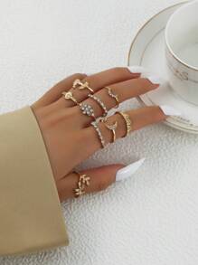 9 件水钻装饰月亮戒指，时尚设计适合日常佩戴和送礼 - 金黃色 - 查看 2