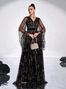 Missord Vestido de noche formal de manga larga con contraste de malla y cuello en V para mujeres, vestido de gala negro para invitado de boda, graduación, cena