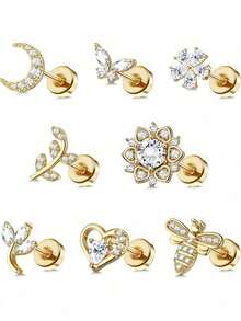 CASSIECA 1PC 18G Bông tai sụn thép không gỉ cho nam nữ Bông tai phẳng có ren bên trong Bông tai CZ có hình mặt trăng hình trái tim hình con ong hình bướm Tragus Helix Trang sức xỏ khuyên - Vàng - Xem 2