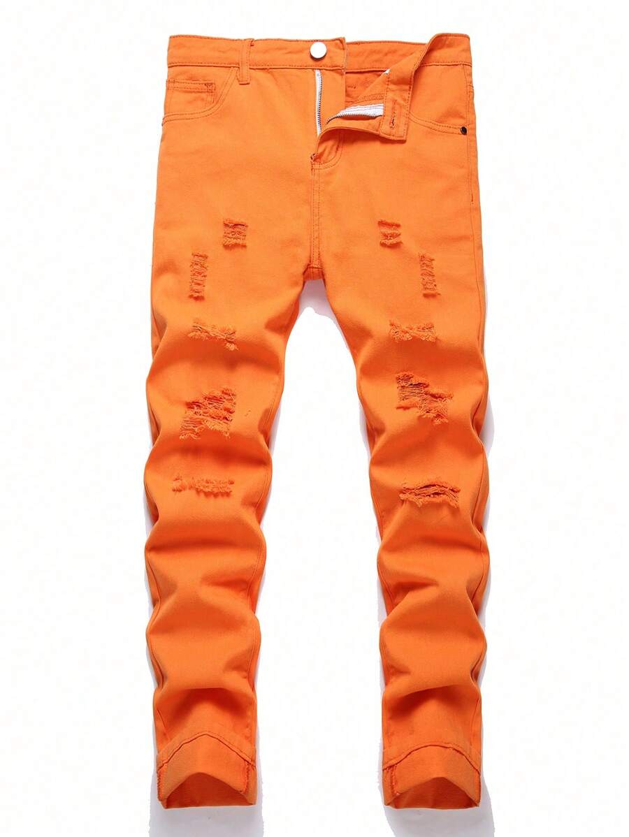 Teen Boys Casual Distressed Denim Jeans With Pockets - Orange - View 1