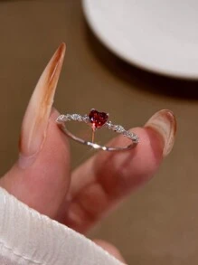 1枚S925纯银心形宝石戒指，休闲可爱，适合日常佩戴、派对、情人节礼物 - 銀色 - 查看 5