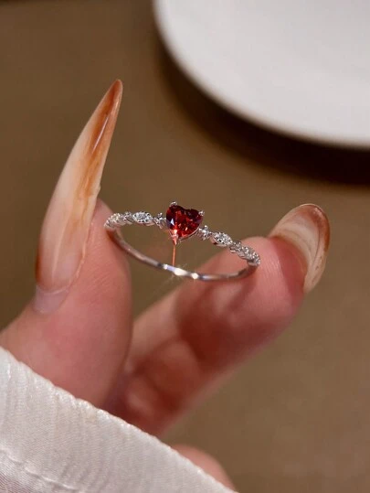 1 pieza Anillo de plata S925 con gema en forma de corazón, casual y lindo, adecuado para uso diario, fiestas, regalo del Día de San Valentín