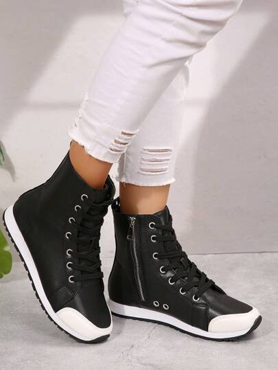 Fall/Winter Women Parent-Child Classic Round Toe Lace-Up Casual Sport Shoes With Side Zipper, Multiple Colors, Flat Bottom,Sneakers For Women