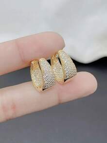 Women's Hoop Drop Earrings Studded Inside And Outside With Zirconia Stone, 18k Gold Plated And 925 Silver - Gold - View 6