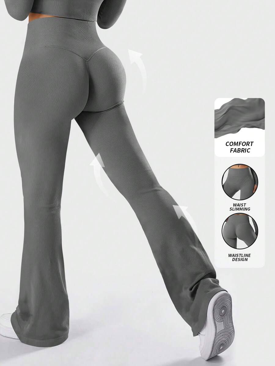 Yefecy Yoga Pants Ribbed Seamless Workout High Waist Athletic Leggings, Sports - Grey - View 1