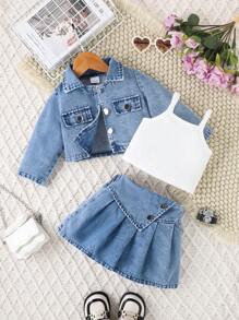 女婴学院风夹克、吊带背心和百褶裙三件套，秋冬 - 藍色 - 查看 1