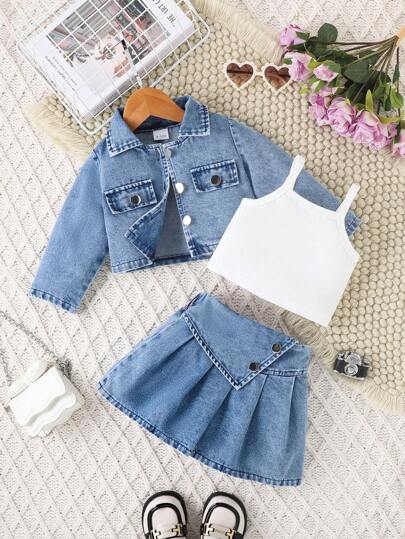 Conjunto de 3 piezas para bebé niña con chaqueta estilo universitario, camiseta y falda plisada, para otoño/invierno