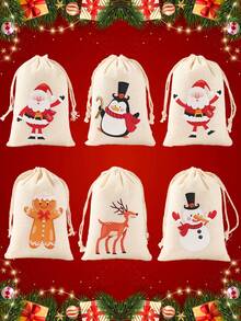 6 Piezas Bolsas de regalo de algodón navideñas con cordón, bolsas de envoltura de regalo con patrones de Papá Noel, muñeco de nieve, alce y hombre de jengibre en acuarela, bolsas portátiles para decoración, fiestas y obsequios navideños