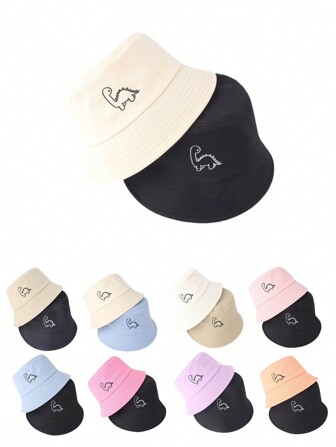 2pcs/Set Ladies' Simple & Cute Dinosaur Embroidered Bucket Hat, Adjustable Unisex Daily Travel Outdoor Sports Cap For Cycling, Sightseeing, Travel, Streets, Gatherings