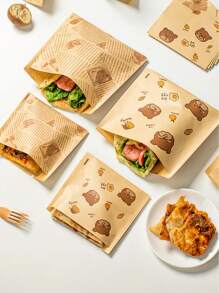 25pcs/Pack Brown Kraft Paper Bear & Lemon Print Sandwich/Bread/ Oil Proof Self-Adhesive Packaging Bags, Suitable For Sandwiches, Burgers, Fries, Party Snacks Etc. (Slight Difference In Pattern Arrangement Due To Production Batch) - Brown - View 11
