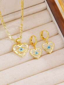 时尚个性化镀铜锆石恶魔之眼和心形吊坠项链耳环套装，女士三件套首饰套装 - 彩色 - 查看 4