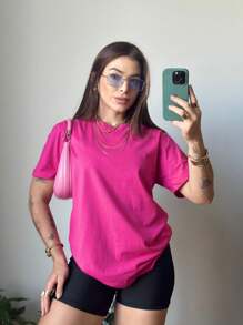 Kit 4 Basic Tshirt Women's Blouse Cotton Baby Look T-Shirt Comfortable Versatile Basic Plain Round Neck T-Shirt Kit - Màu Hồng Tươi - Xem 2