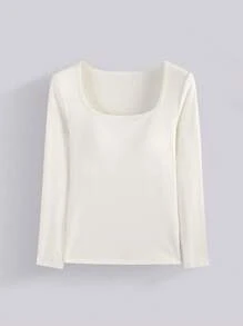 Women's White Knit Threaded Long Sleeve Low Neck High Stretch T-Shirt, Fashion Simple Casual Early Fall Bottom Shirt, Long Sleeve T-Shirt Long Sleeve Bottom Shirt Bottom Tops