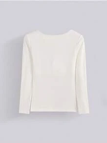 Women's White Knit Threaded Long Sleeve Low Neck High Stretch T-Shirt, Fashion Simple Casual Early Fall Bottom Shirt, Long Sleeve T-Shirt Long Sleeve Bottom Shirt Bottom Tops