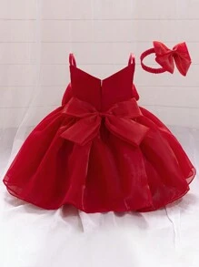 Robe élégante à fleurs 3D en satin et maille de couleur unie pour bébé fille, convient pour les sorties, l'extérieur, les fêtes d'anniversaire, cadeau avec accessoire cheveux