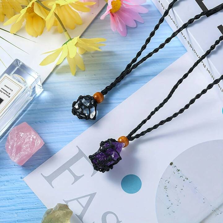 10pcs Vintage Crystal Stone Wrap Necklace Handmade Woven Net Pendant Necklace With Natural Stone SHEIN