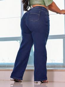Women's Wide Leg Jeans Plus Size 100% Cotton Retro Fashion Blogger - 中等水洗藍 - 查看 4