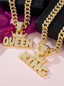 1 件女式全水钻字母皇冠“KING”“QUEEN”嘻哈吊坠项链首饰套装，个性化皇冠国王王后设计，镶嵌闪亮水晶，适合日常服装和派对配饰 - 字母 - 查看 5