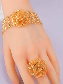 1 set/2 piezas Juego de joyería de brazalete y anillo con forma de rosa 3D chapado en oro de 18k elegante para mujer, estilo India Dubai, color dorado, adecuado como regalo de novia, dama de honor, bendición o San Valentín