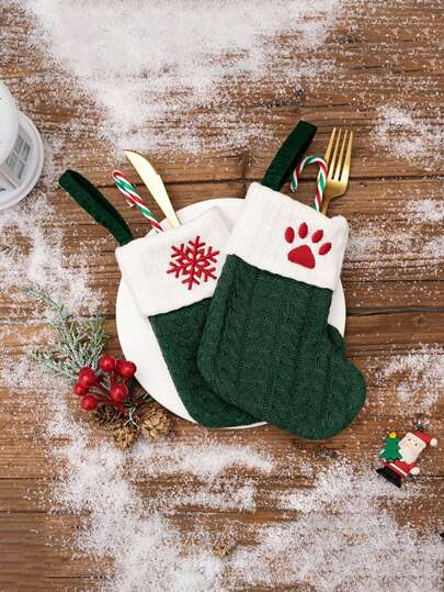 1 Pc Christmas Decoration Knitted Christmas Socks, Green Christmas Socks, Restaurant Tabletop Storage, Tableware Storage, Gift Bag, Creative Letter Snowflake Paw Embroidery Pendant, Christmas Tree, For Lipstick, Brush, Skincare, Mobile Phone, Coin, Small Items, For Home, Gift, Vacation And Festival Halloween Christmas Multifunctional Use,Boho Vibes