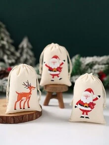 6 Piezas Bolsas de regalo de algodón navideñas con cordón, bolsas de envoltura de regalo con patrones de Papá Noel, muñeco de nieve, alce y hombre de jengibre en acuarela, bolsas portátiles para decoración, fiestas y obsequios navideños