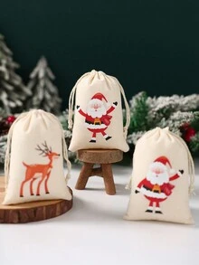 6 Piezas Bolsas de regalo de algodón navideñas con cordón, bolsas de envoltura de regalo con patrones de Papá Noel, muñeco de nieve, alce y hombre de jengibre en acuarela, bolsas portátiles para decoración, fiestas y obsequios navideños