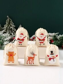 6 Piezas Bolsas de regalo de algodón navideñas con cordón, bolsas de envoltura de regalo con patrones de Papá Noel, muñeco de nieve, alce y hombre de jengibre en acuarela, bolsas portátiles para decoración, fiestas y obsequios navideños