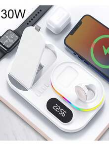 Base de carga inalámbrica magnética de 30W con cuatro funciones que puede cargar teléfonos móviles, relojes y auriculares, y tiene funciones de luz LED y despertador. - Blanco - Ver 1