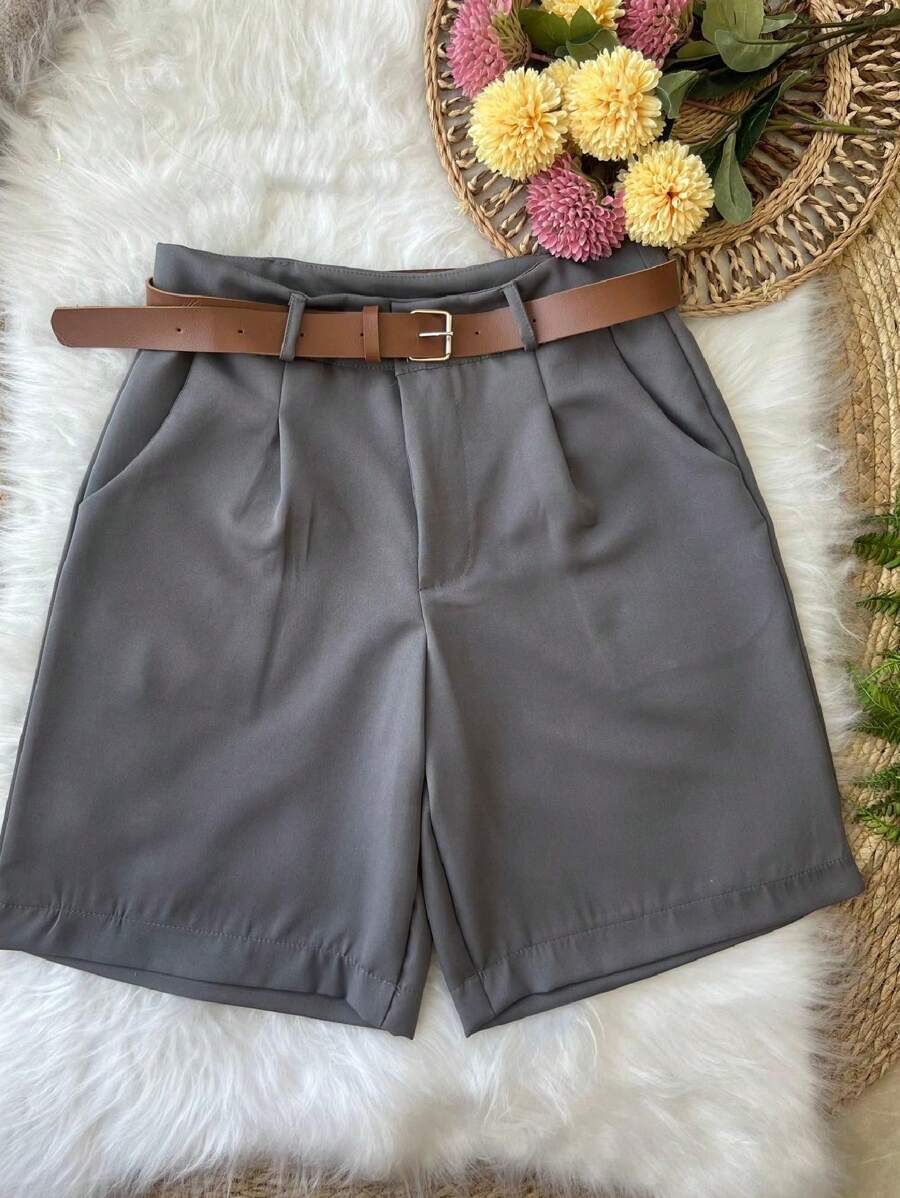 Tailored Bermuda Shorts For Women With Belt And Zipper And Bag - Dark Grey - View 1