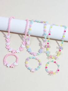 6pcs/Set Girls Cute Butterfly & Heart Beaded Necklace & Bracelet Jewelry Set, Assorted Color Gift For Party, Birthday, Festival