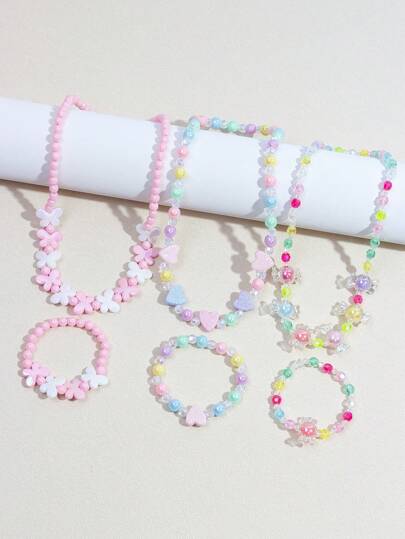 6 件/套女孩可爱蝴蝶和心形串珠项链和手链首饰套装，多色派对、生日、节日礼物