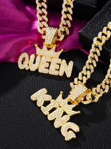 1 件女式全水钻字母皇冠“KING”“QUEEN”嘻哈吊坠项链首饰套装，个性化皇冠国王王后设计，镶嵌闪亮水晶，适合日常服装和派对配饰 - 字母 - 查看 3