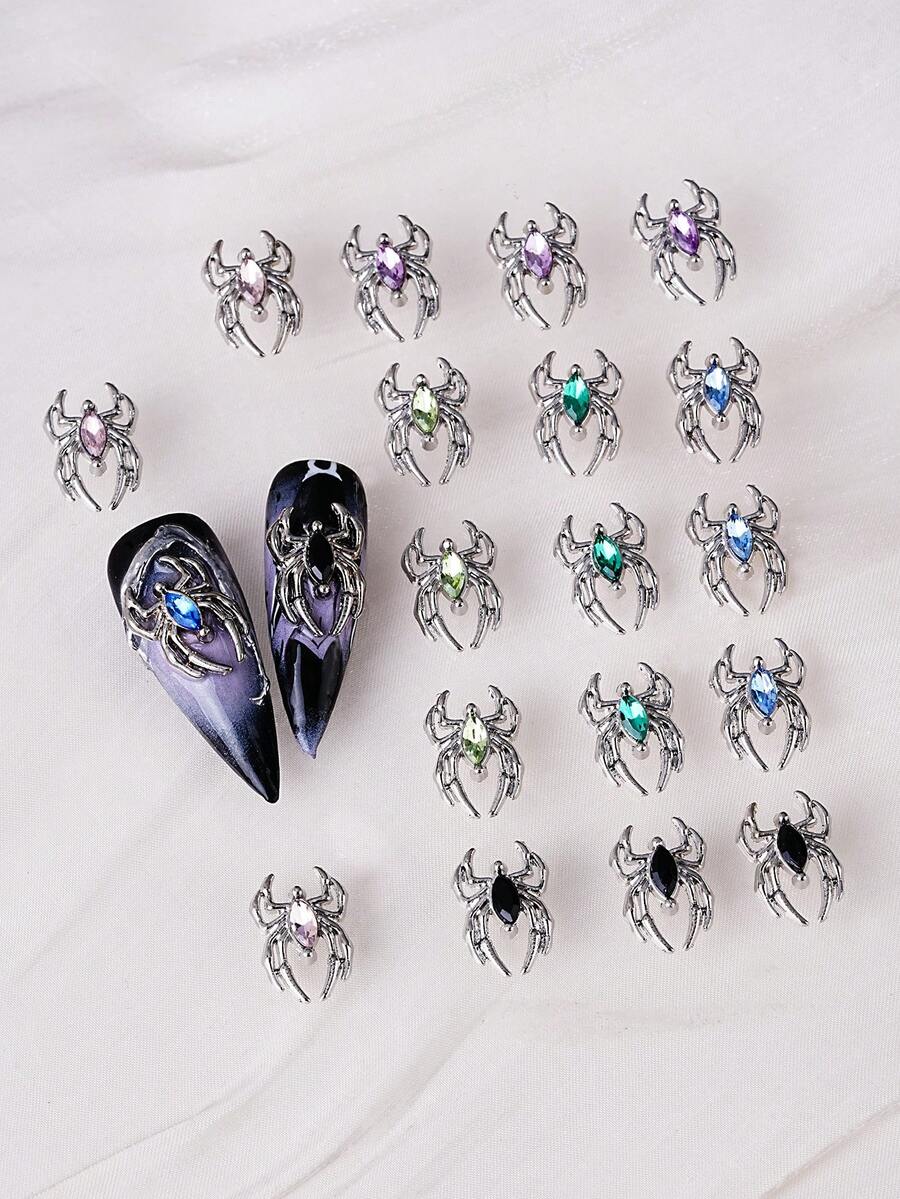 18 chiếc hỗn hợp 3D nhện hợp kim bạc móng tay đá quý trang sức móng tay Halloween thiết kế đá quý trang sức móng tay cho móng tay acrylic thủ công phụ kiện móng tay tự làm - Nhiều màu - Xem 1