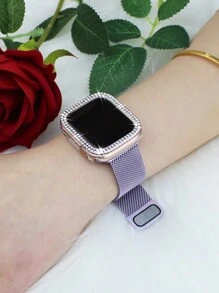 Conjunto de combinação de pulseira e capa compatível com , elegante, casual para negócios, para homens e mulheres, pulseira com fivela magnética trançada em formato de anel, macia e respirável + PC cravejado de strass brilhantes, antiqueda e resistente a arranhões