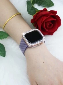 Conjunto de combinação de pulseira e capa compatível com , elegante, casual para negócios, para homens e mulheres, pulseira com fivela magnética trançada em formato de anel, macia e respirável + PC cravejado de strass brilhantes, antiqueda e resistente a arranhões