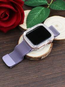 Conjunto de combinação de pulseira e capa compatível com , elegante, casual para negócios, para homens e mulheres, pulseira com fivela magnética trançada em formato de anel, macia e respirável + PC cravejado de strass brilhantes, antiqueda e resistente a arranhões