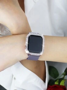 Conjunto de combinação de pulseira e capa compatível com , elegante, casual para negócios, para homens e mulheres, pulseira com fivela magnética trançada em formato de anel, macia e respirável + PC cravejado de strass brilhantes, antiqueda e resistente a arranhões