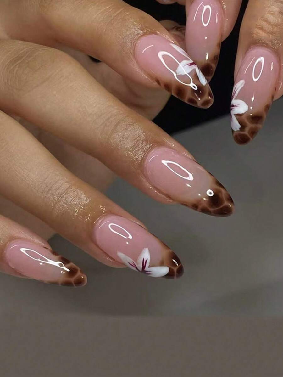 24 piezas de nuevas uñas postizas con forma de almendra, estilo elegante y sencillo de Europa y Estados Unidos, con diseños de orquídea francesa y estampado de leopardo, especialmente diseñadas para mujeres, reutilizables, con manicura natural en 2 minutos, que incluye 1 pieza de pegamento de gelatina y 1 tira, adecuadas para uso diario, vacaciones, actividades al aire libre, campus y otros eventos - Multicolor - Ver 1